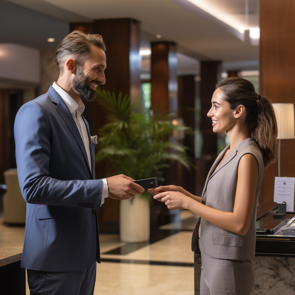 a man in a suit is handing his gift card or loyalty card to a receptionist in a hotel spa and wellness.