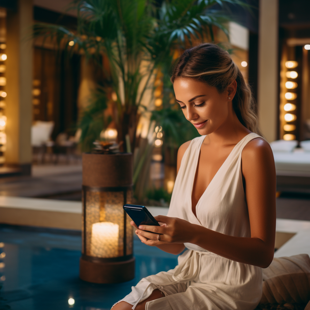 a woman in a white dress is sitting next to a pool looking at her cell phone .