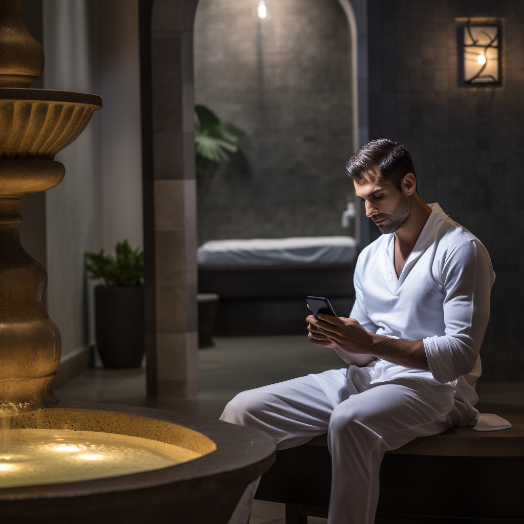 a man is sitting in front of a fountain redeeming his spa and wellness session using a digital wallet on his smartphone.