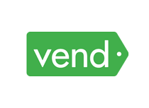 A green and white logo for vend on a white background.