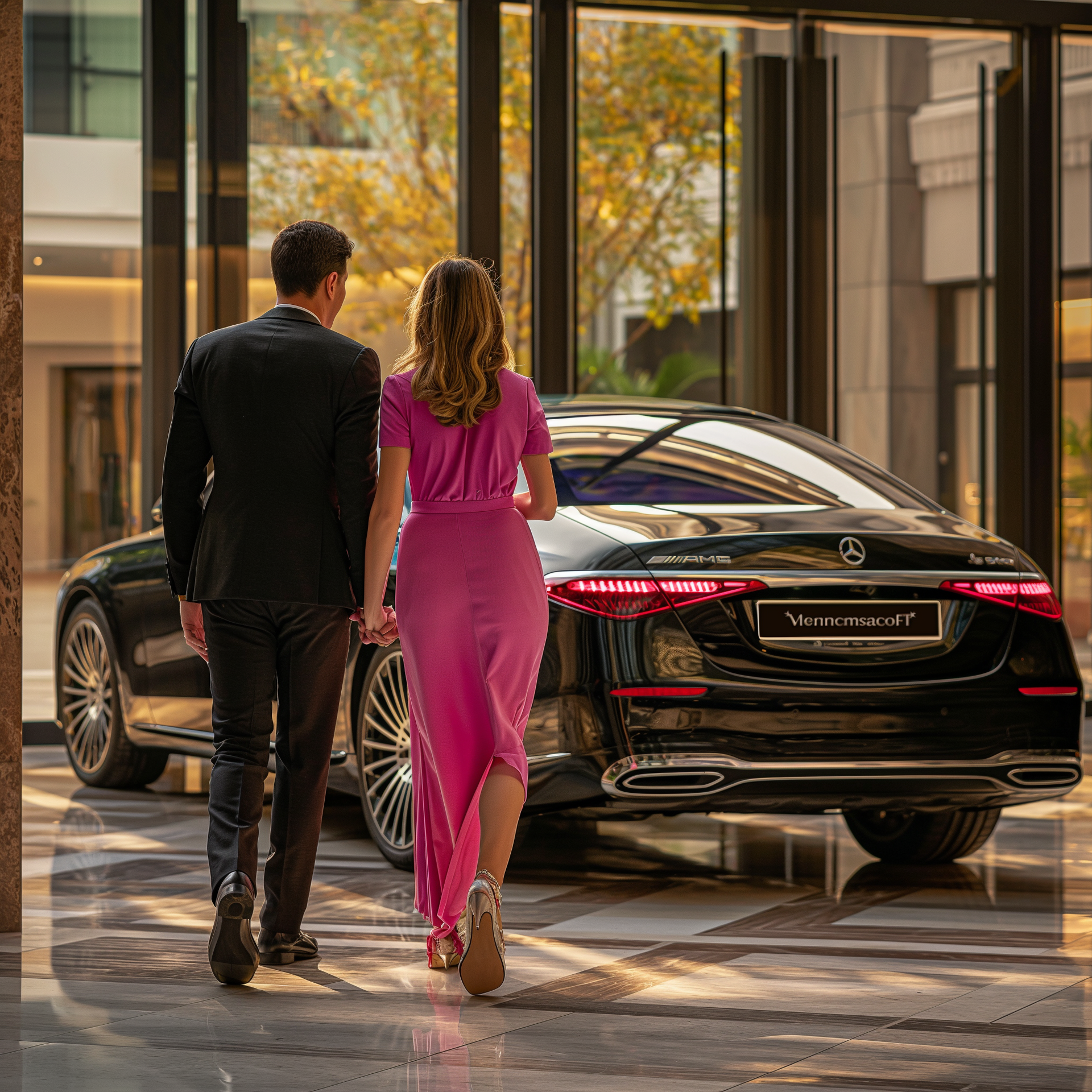 A man and a woman are walking towards a car.