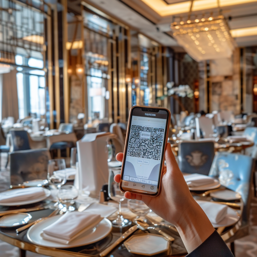 a person is holding a cell phone in a restaurant scanning a QR code to view the hotel restaurant's F&B digital menu.