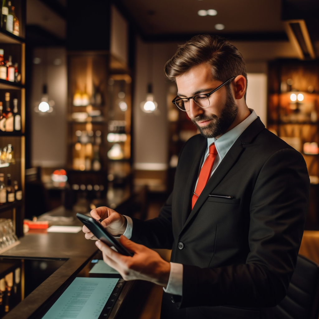 A man in a suit and tie is looking at his phone