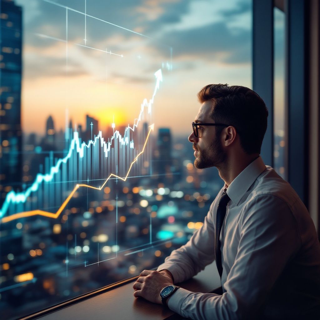 A man is looking out of a window at a city.