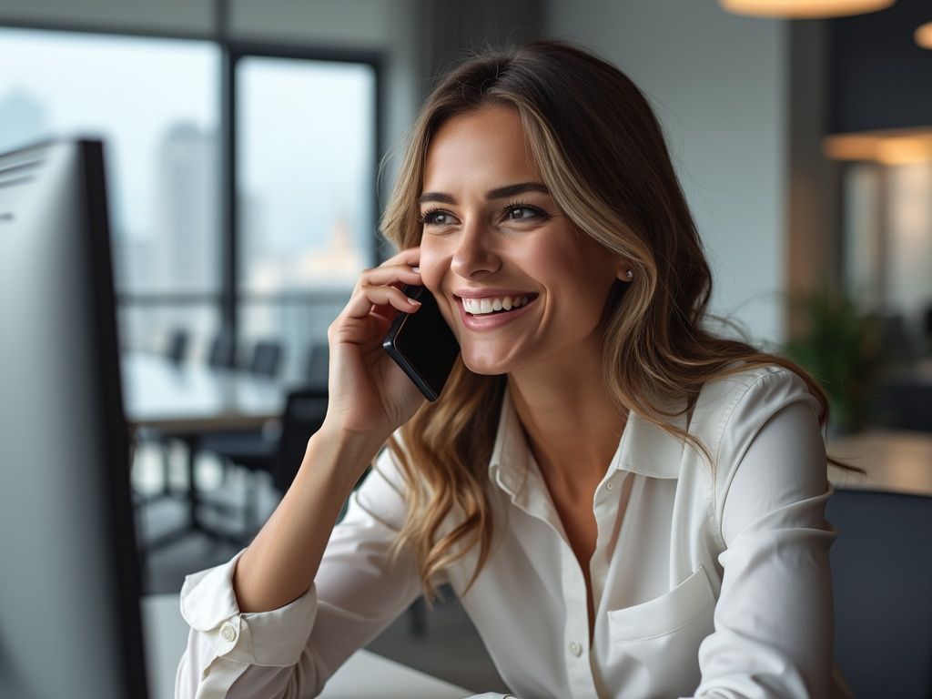 A woman is sitting at a desk talking on a cell phone.