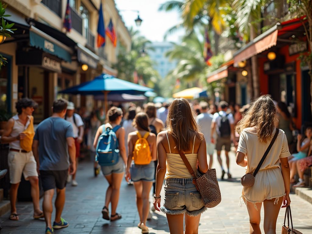 A group of people are walking down a busy street.