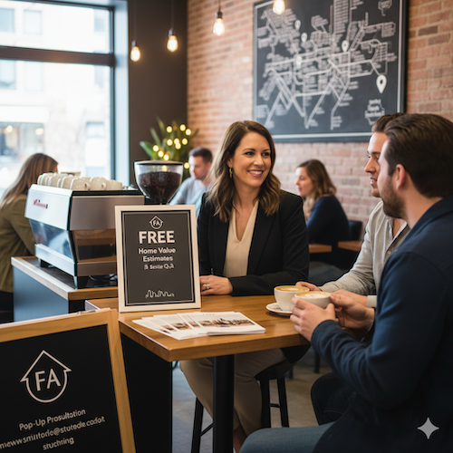 Woman and two men in a cafe, discussing something at a table. Sign says