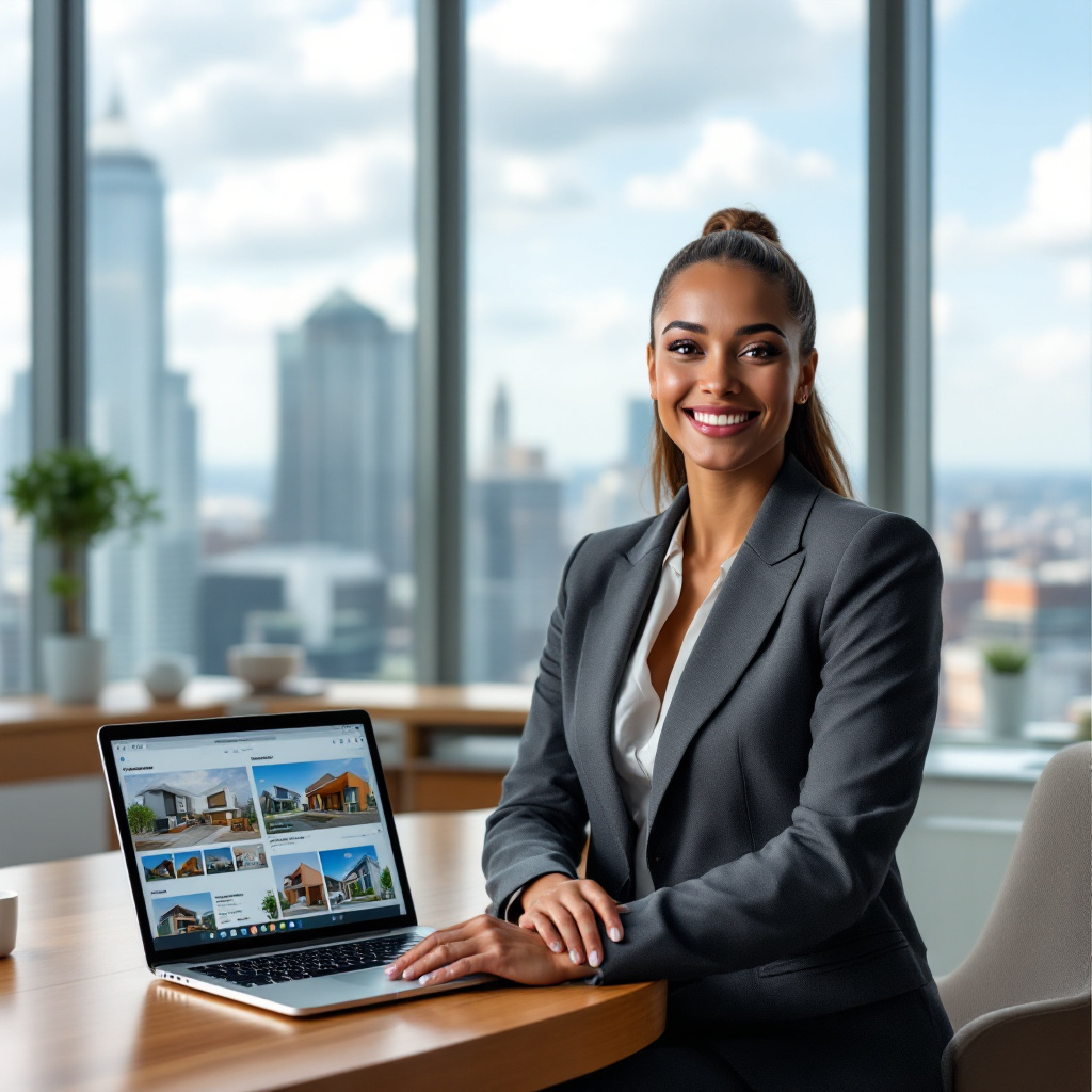 A woman in a suit is sitting at a table with a laptop.