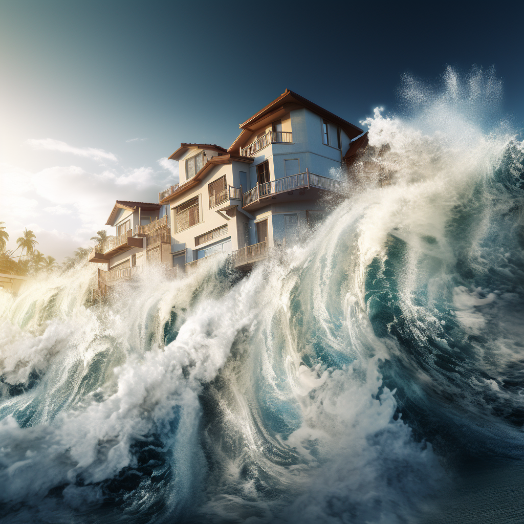 a house is surrounded by a large wave in the ocean