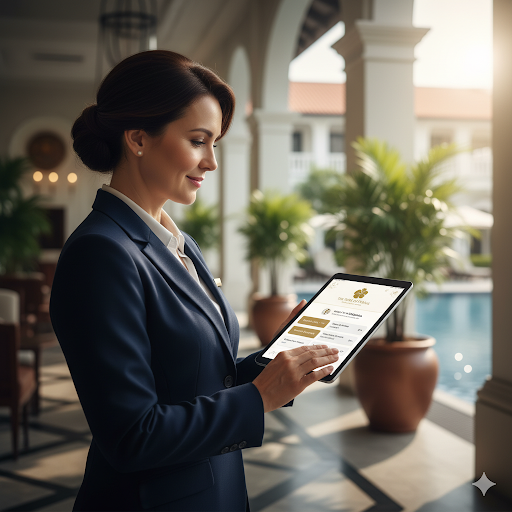 A woman in a navy suit uses a tablet near a hotel pool, smiling while looking at the screen of Sophia AI Concierge web app.