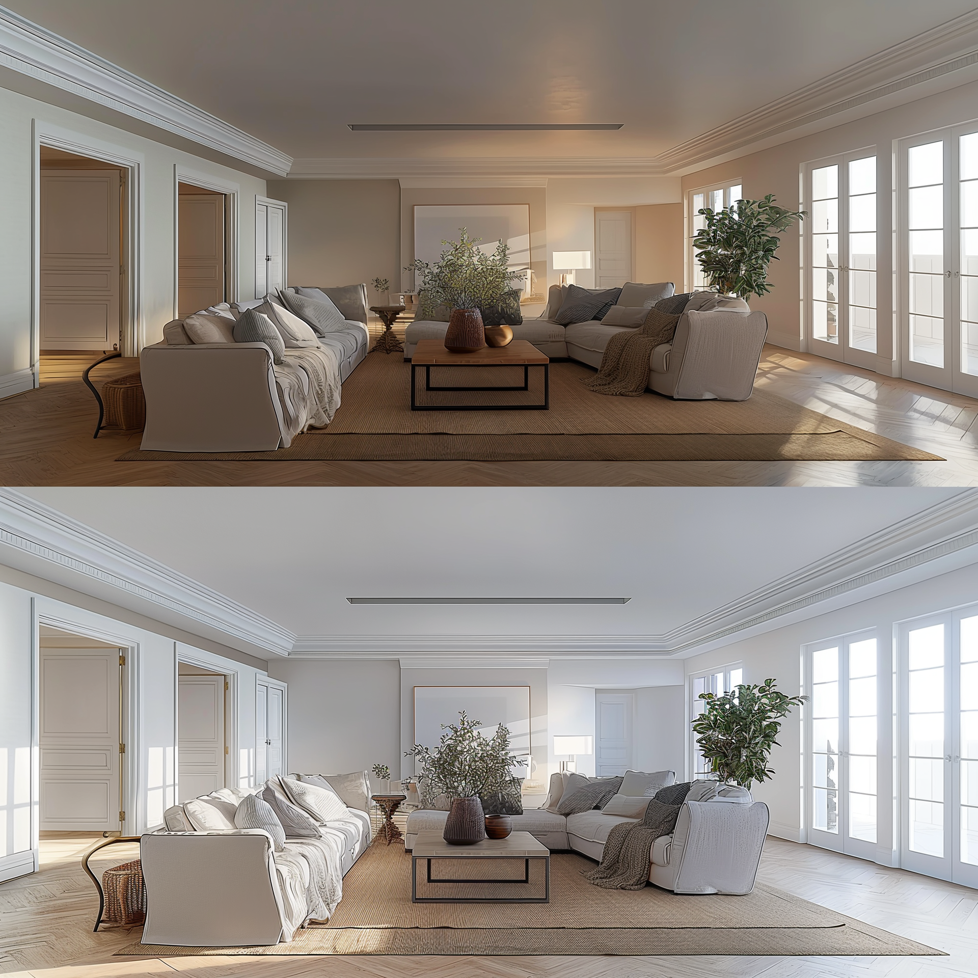 A before and after photo of a living room with white furniture