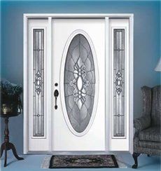 White front door with oval glass and side glass panels.