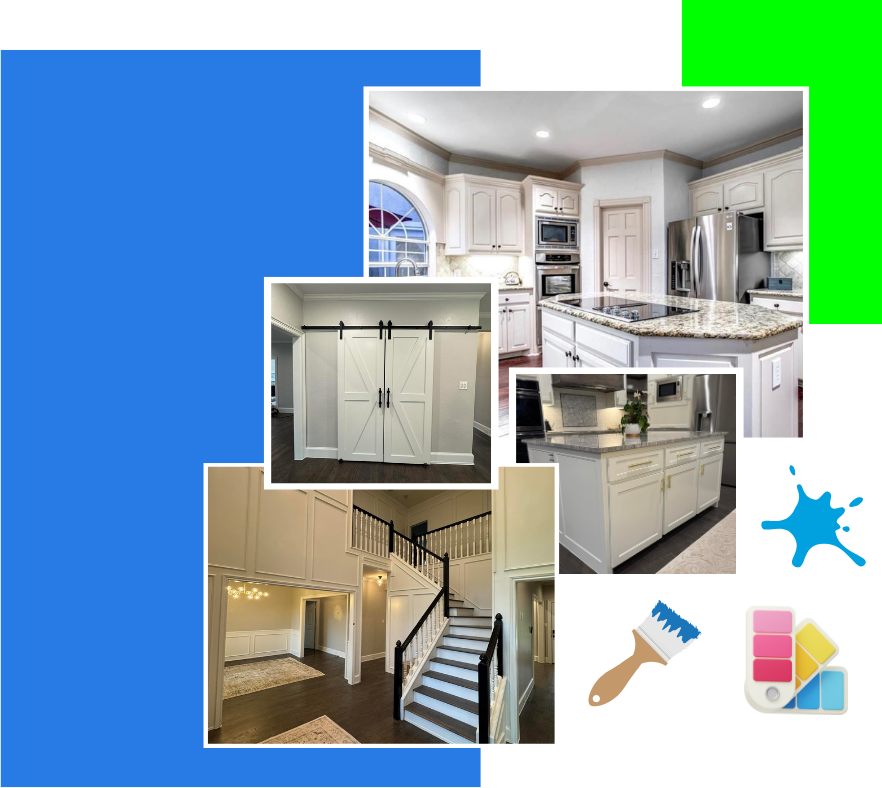 A collage of pictures of a kitchen and stairs