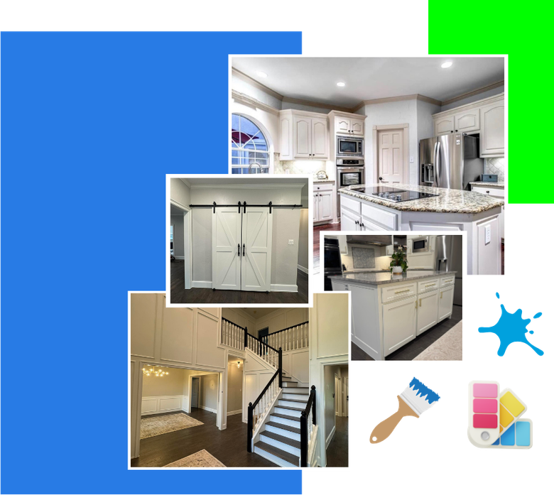 A collage of pictures of a kitchen and stairs