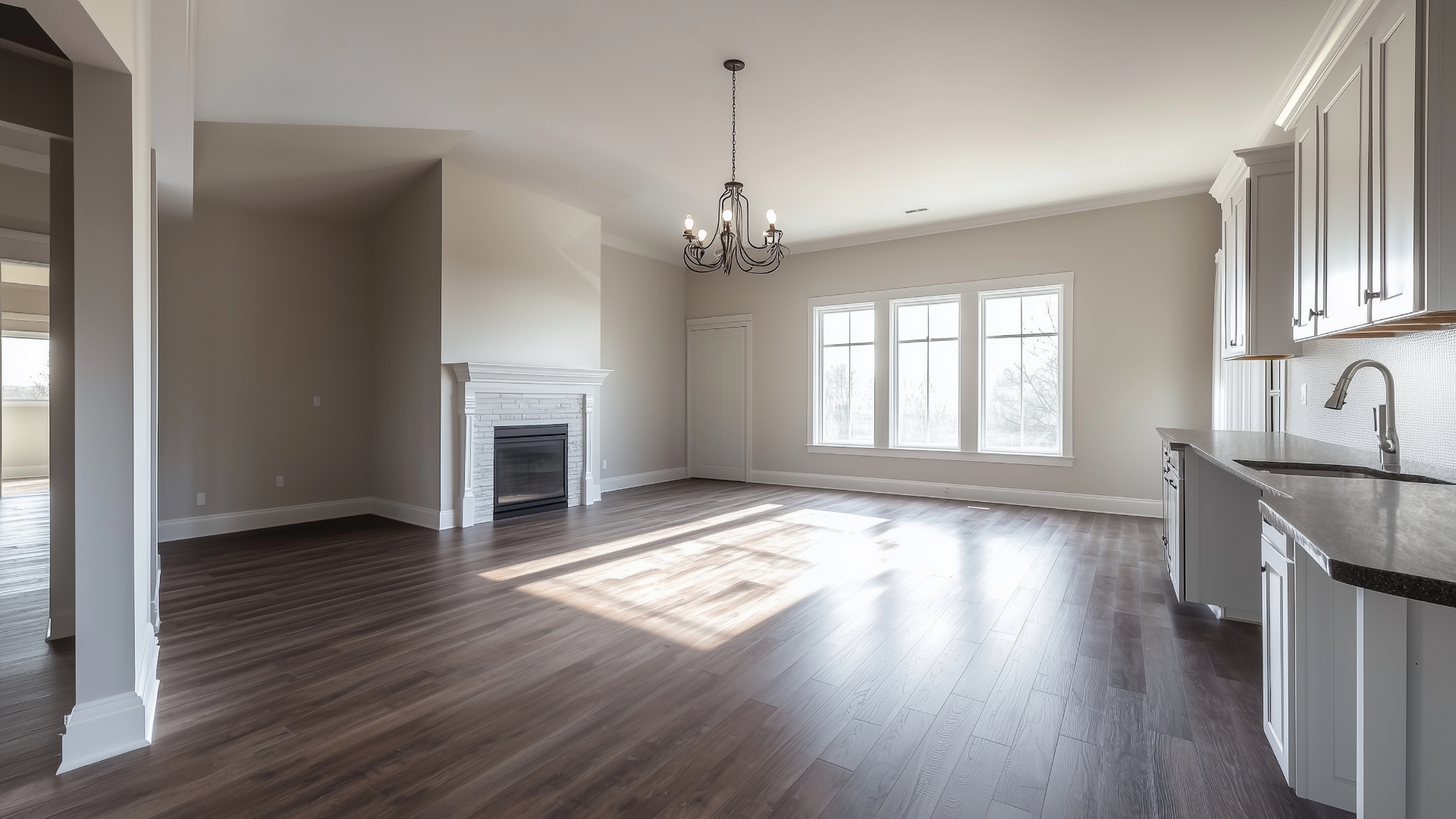 An empty living room with hardwood floors and a fireplace.