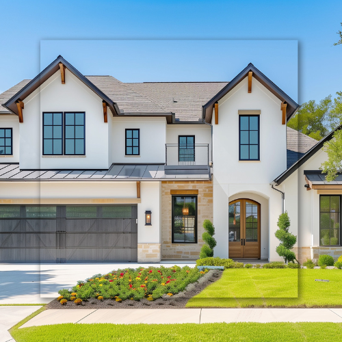 A large white house with a gray garage door