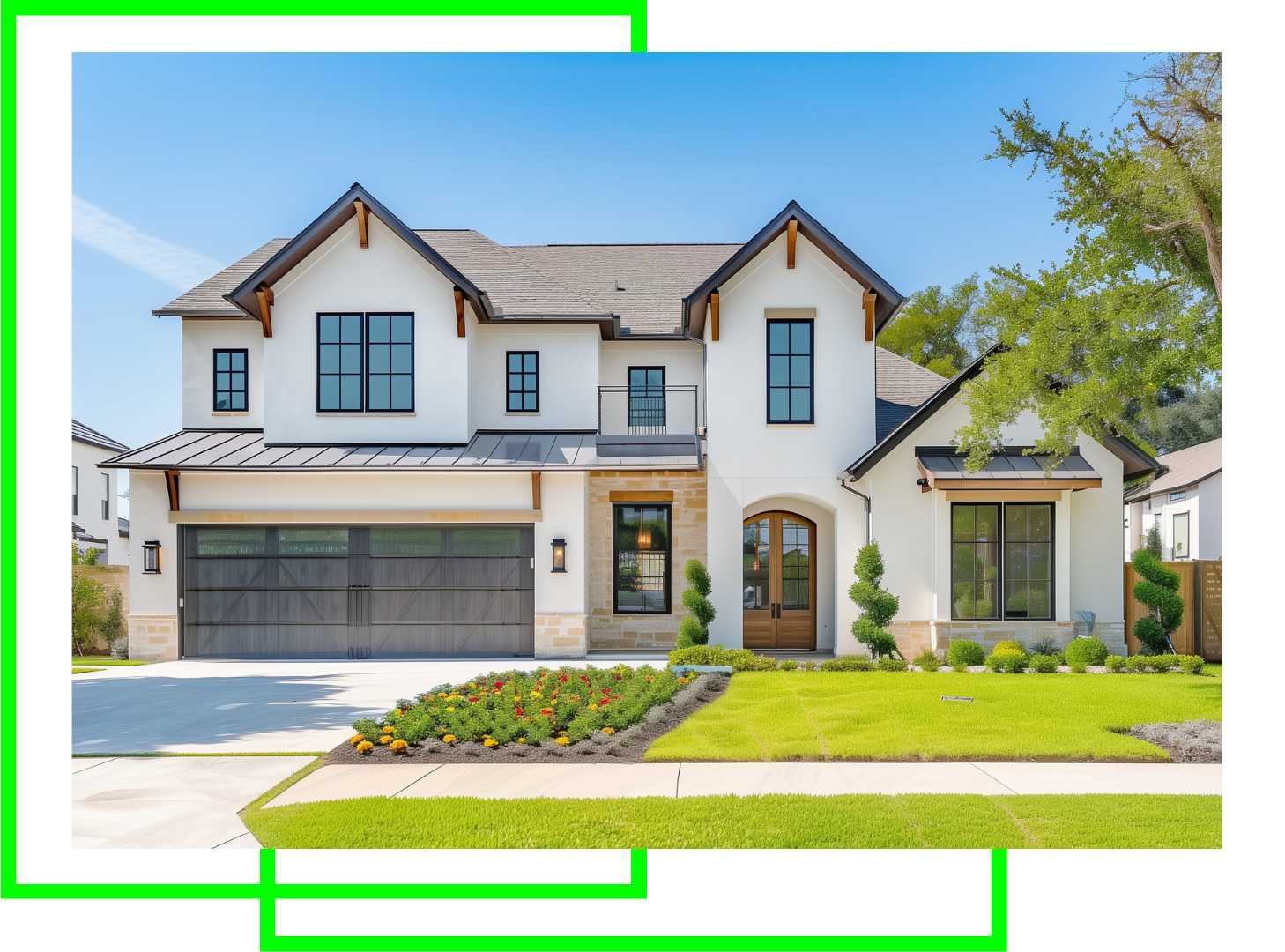 A large white house with a black garage door