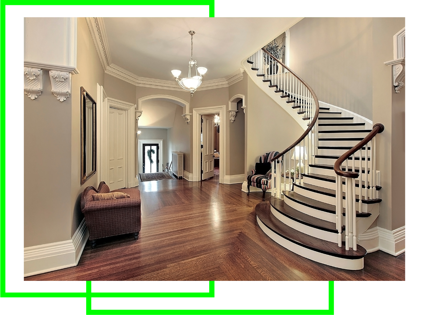 There is a spiral staircase in the middle of the hallway.