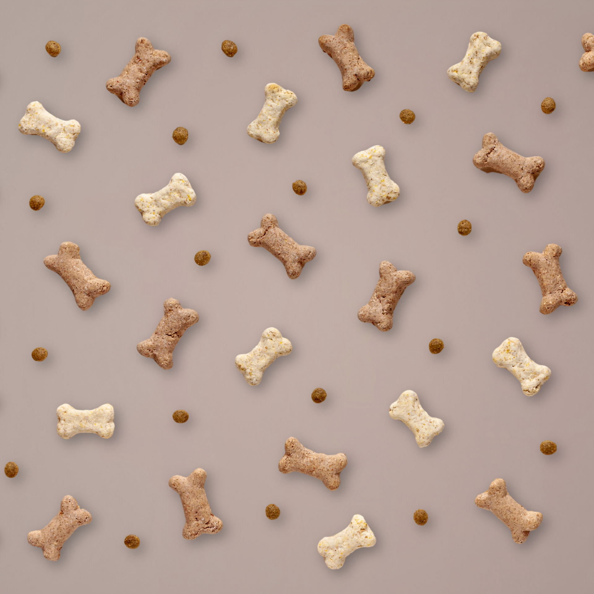 Light brown and dark brown dog treats lined up in a seamless repeat pattern on a neutral background