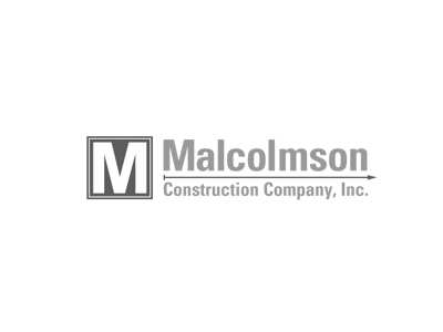 A black and white logo for malcolmson construction company inc.