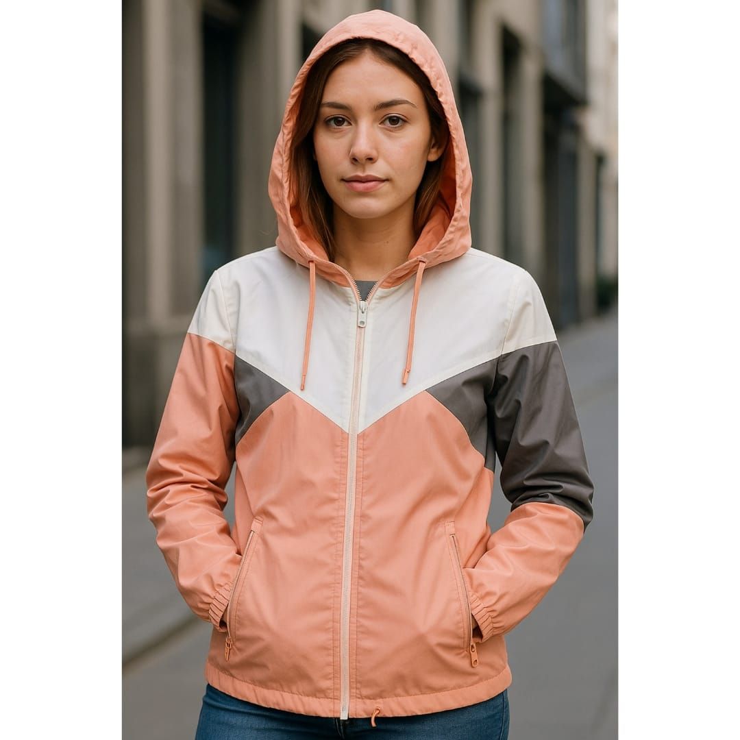 Mujer con una chaqueta con capucha, cremallera y bolsillos de color salmón, blanca y gris, de pie al aire libre.