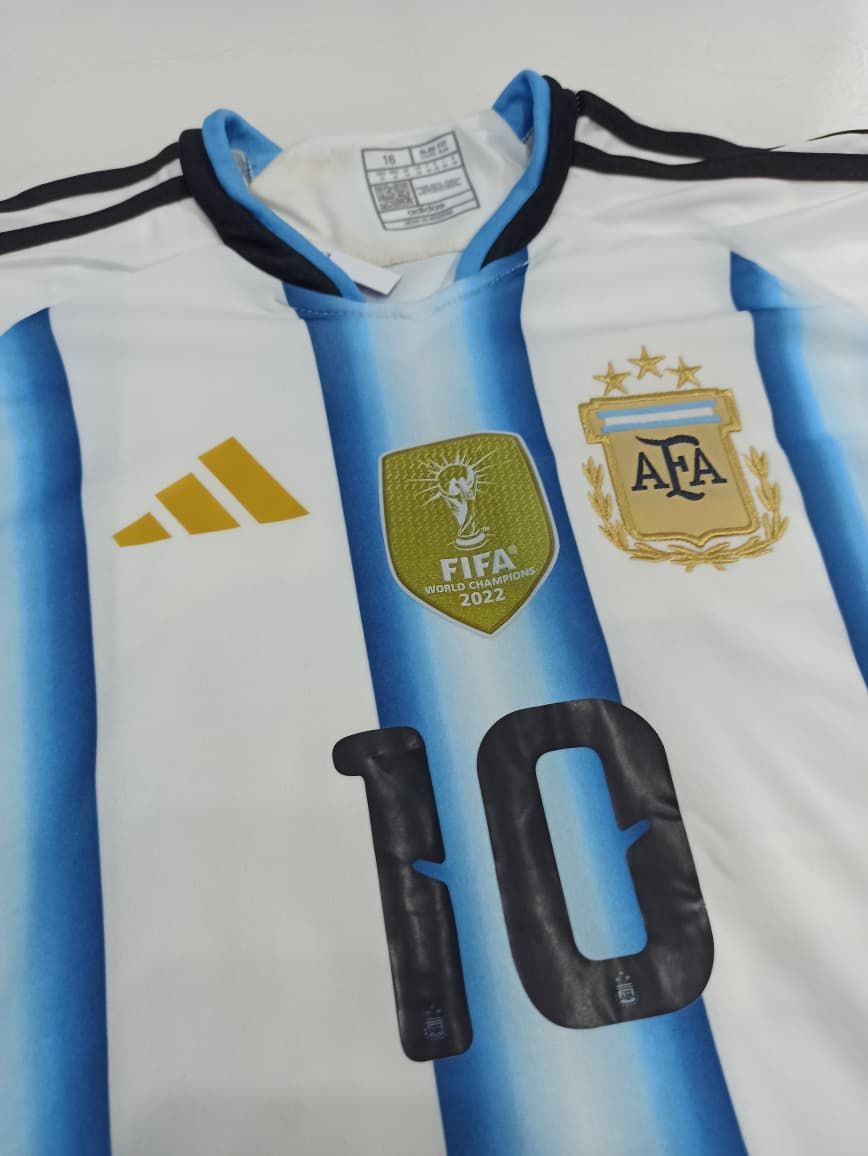 Camiseta de la selección argentina de fútbol, ​​blanca con rayas azul celeste y número 10.