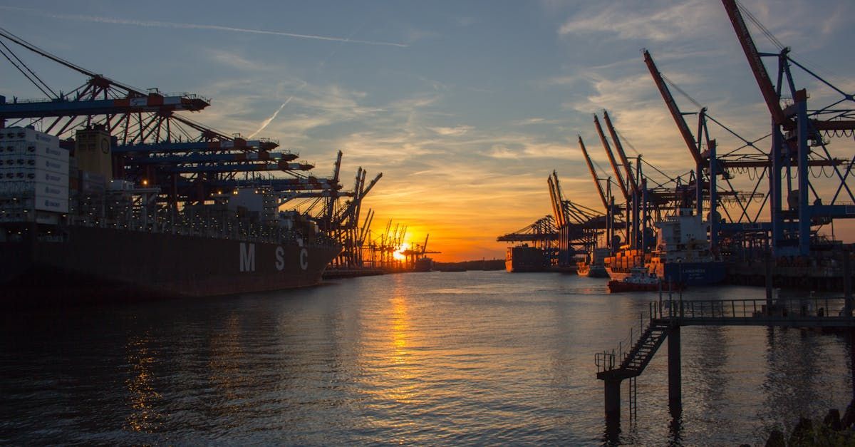 Szene im Hamburger Hafen, Sonnenuntergang - Illustration Externer Dateschutzbeauftragter aus Hamburg