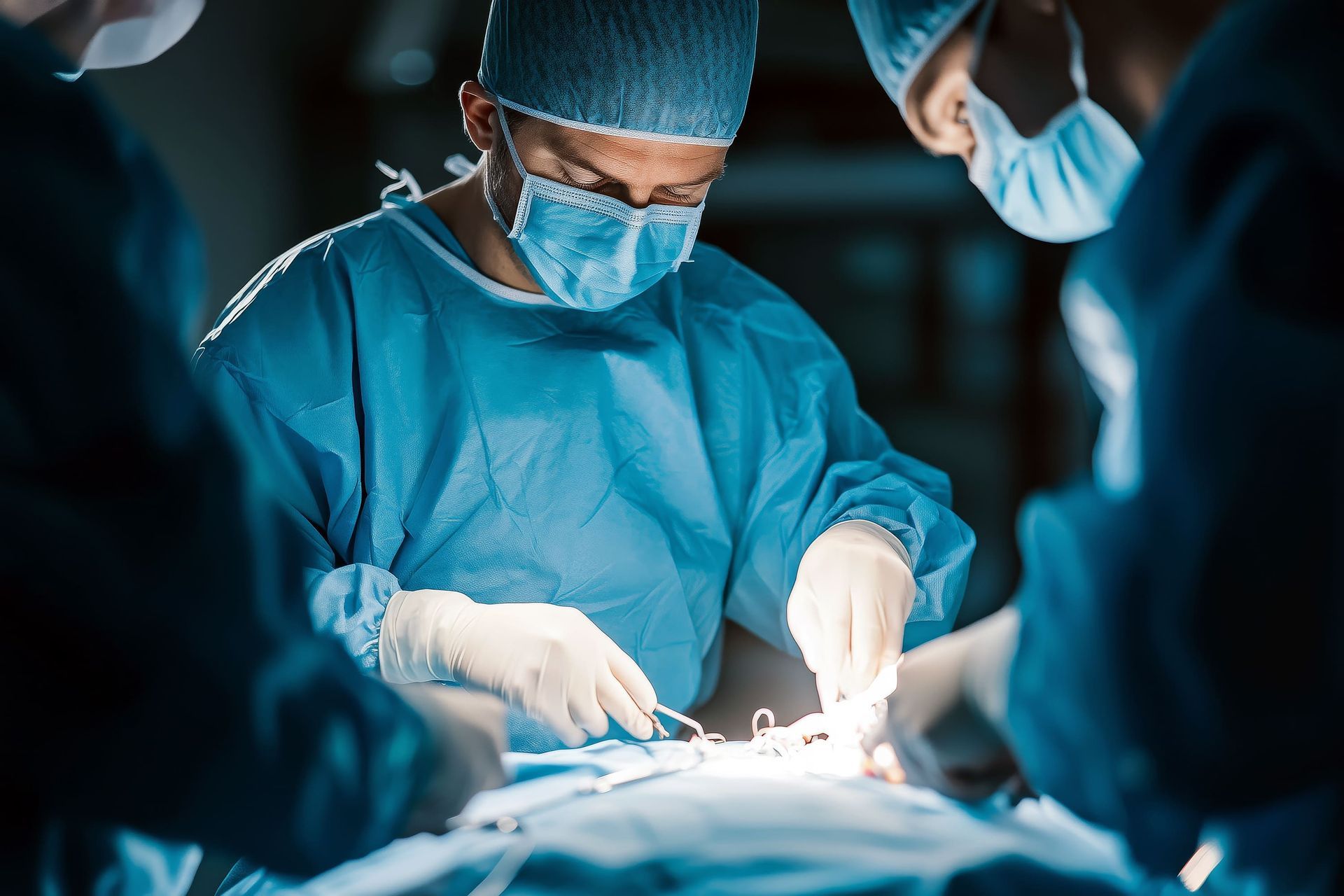 Um grupo de cirurgiões está realizando uma cirurgia em um paciente em uma sala de cirurgia.