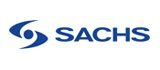 Logo del marchio Sachs in testo blu con un disegno a spirale blu.