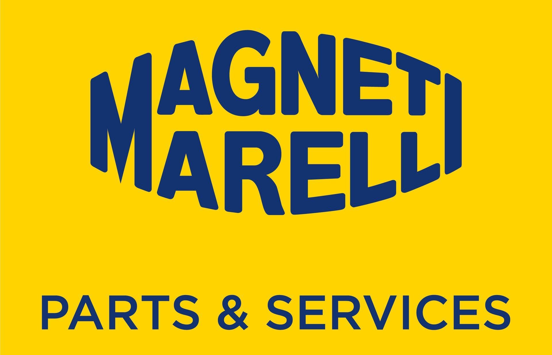 Logo per Magneti Marelli Parts & Services, testo in blu su sfondo giallo.