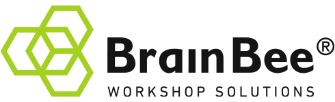 Il logo di Brain Bee Workshop Solutions è caratterizzato da esagoni verdi intrecciati e dal nome del marchio in nero.