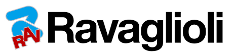 Logo per Ravaglioli, disegno astratto blu, lettere rosse 