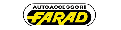 Logo per gli accessori auto Farad, con testo giallo su sfondo nero all'interno di un ovale bianco. 