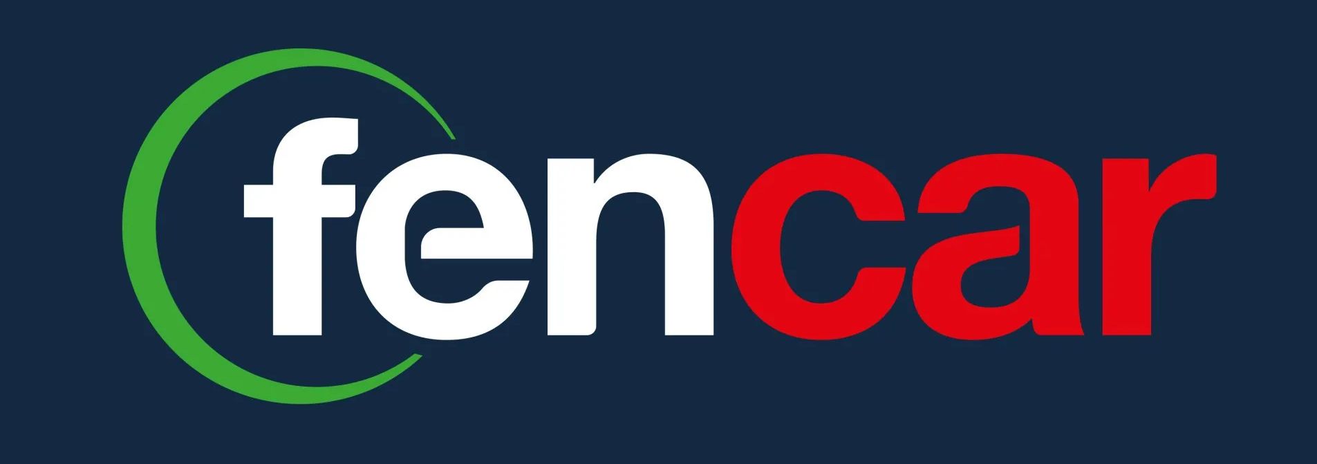 Logo per Fencar: testo bianco con un cerchio verde attorno a 