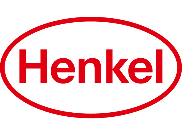 Logo Henkel in testo rosso all'interno di un ovale rosso su sfondo bianco.