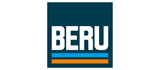 Logo dell'azienda BERU, con testo bianco su sfondo quadrato blu e linee orizzontali blu e arancioni.