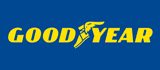 Logo Goodyear: testo giallo su sfondo blu con icona del piede alato.
