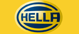 Logo HELLA: lettere blu scuro in un cerchio giallo, su sfondo giallo.