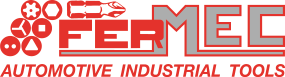 Logo per Fermec Automotive Industrial Tools. Lettere rosse contornate di grigio, icone degli strumenti, slogan 