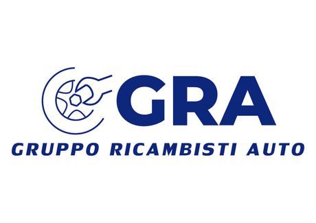 Logo per GRA (Gruppo Ricambisti Auto). Testo e grafica ruota blu su sfondo bianco.
