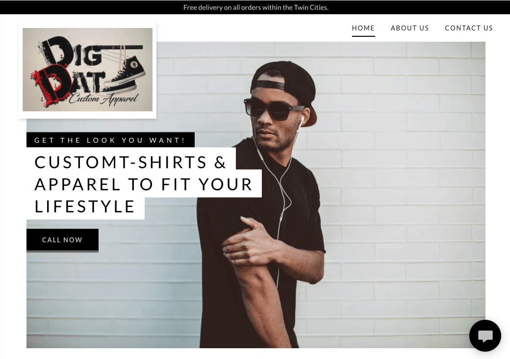 Man wearing sunglasses and cap, promoting custom shirts and apparel.