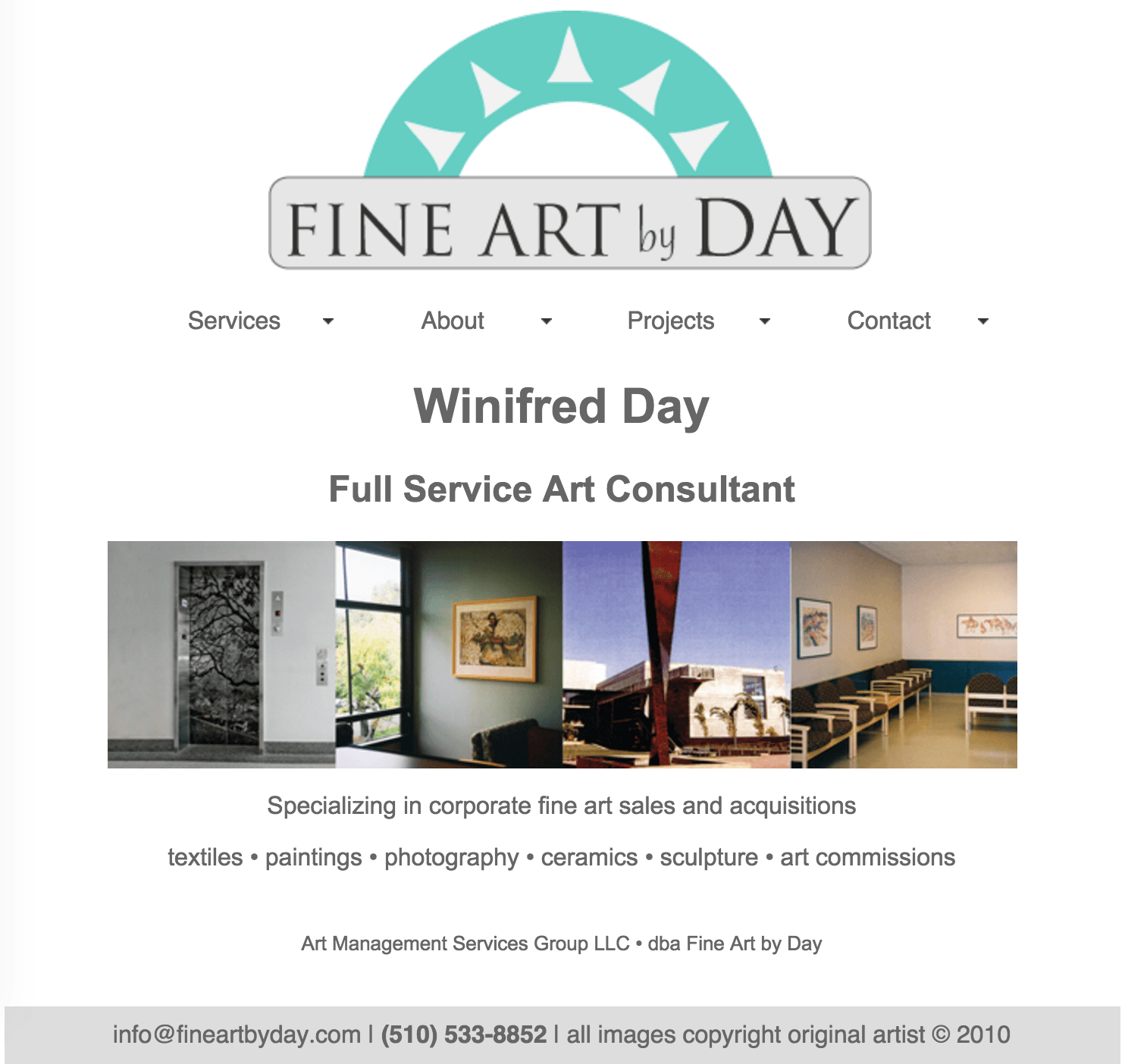 Website for Fine Art by Day, art consultant. Features logo, navigation, and photo gallery.