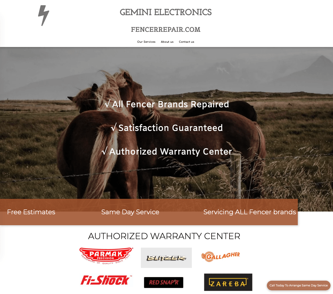 Website banner: Two horses near a fence, text mentions fencer repair, and warranty.