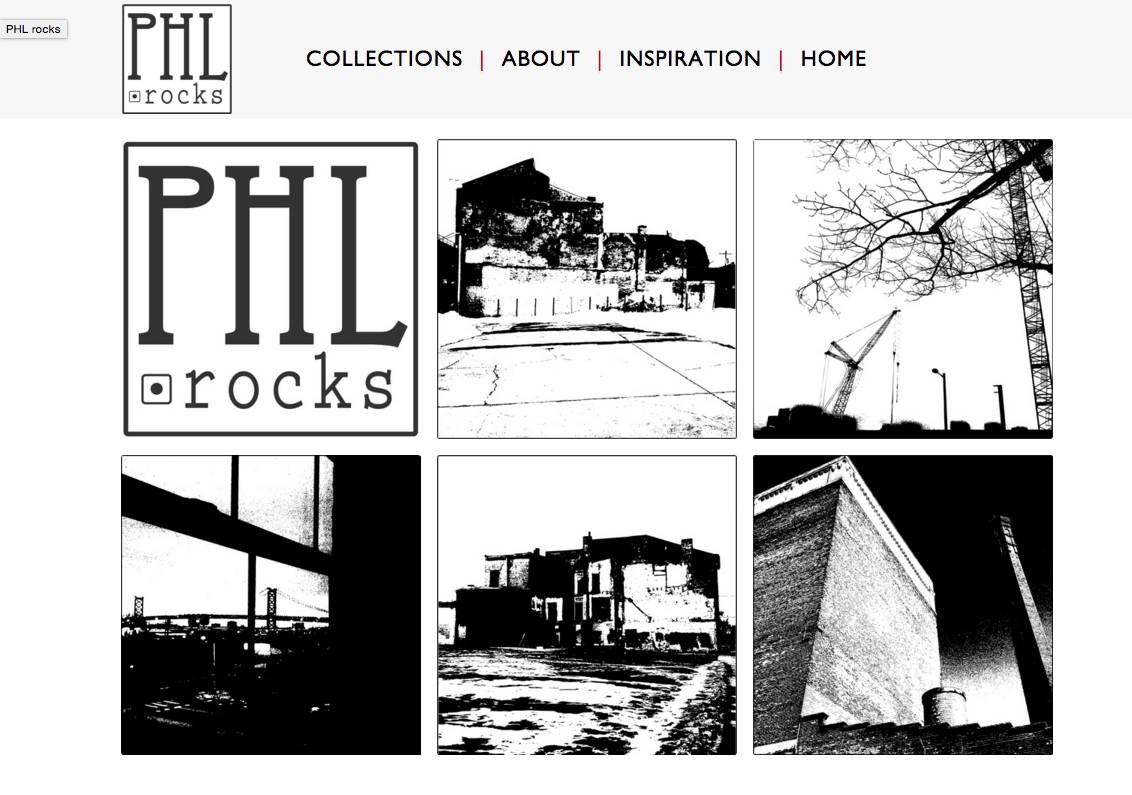 Website homepage: grid of grayscale Philadelphia architectural photos, logo at left.