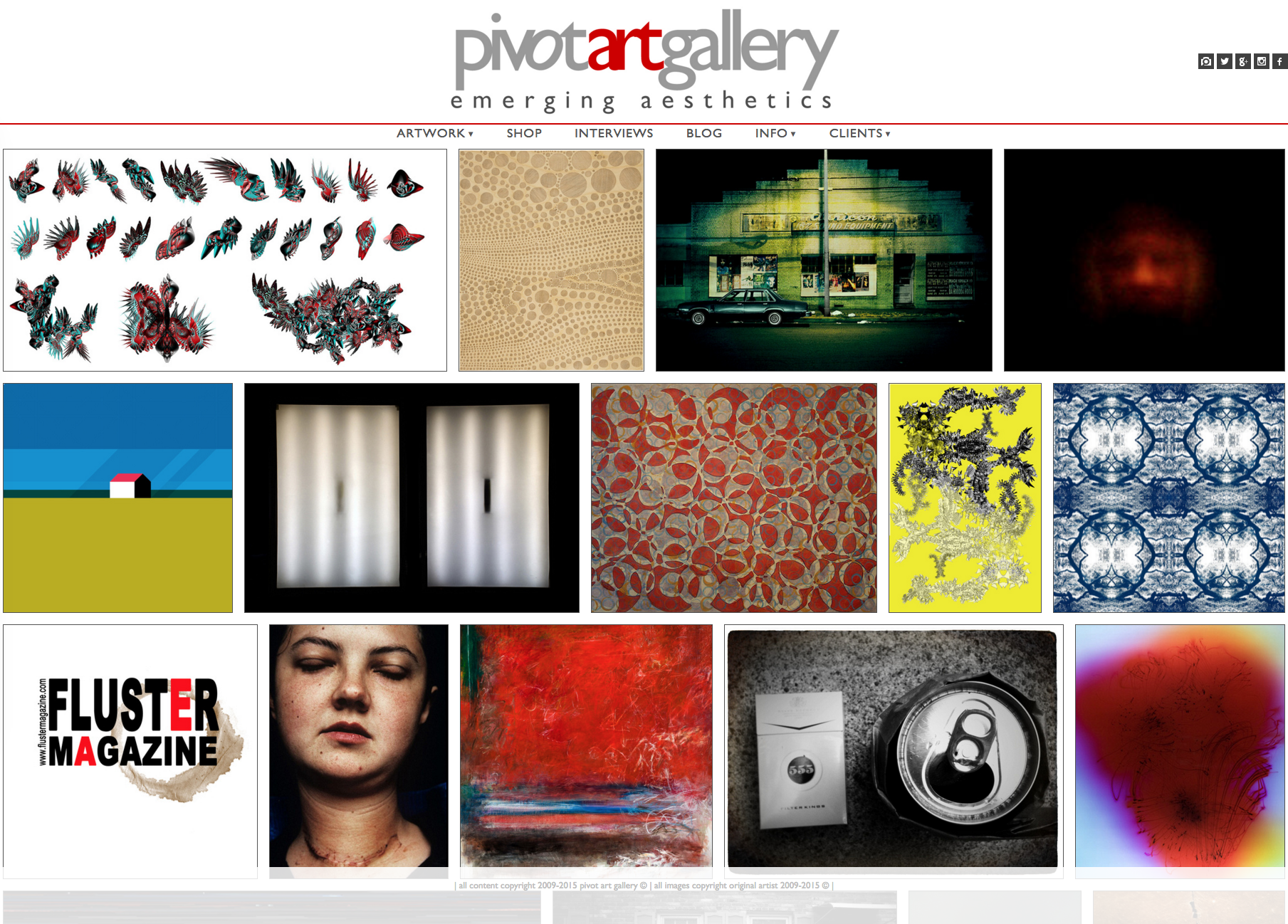 Pivot Art Gallery website showcasing emerging aesthetics. Collage of diverse artwork, various colors and styles.