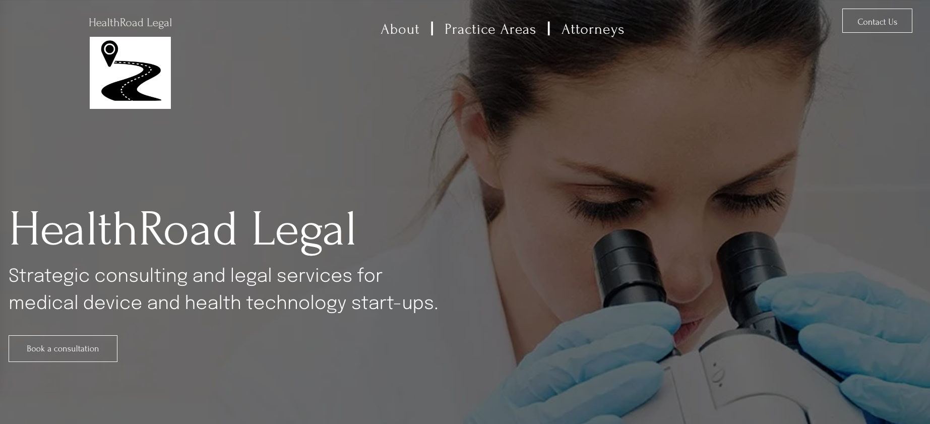 HealthRoad Legal website with a person looking through a microscope.