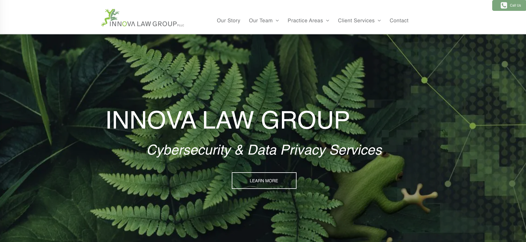 Innova Law Group website landing page: green background with frog and ferns, text promoting cybersecurity and data privacy services.