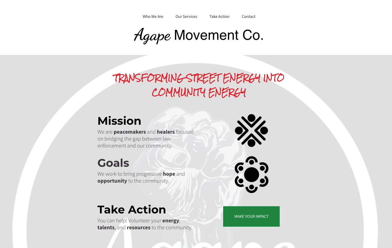 Agape Movement Co. website: gray and white design with mission, goals, and call to action.
