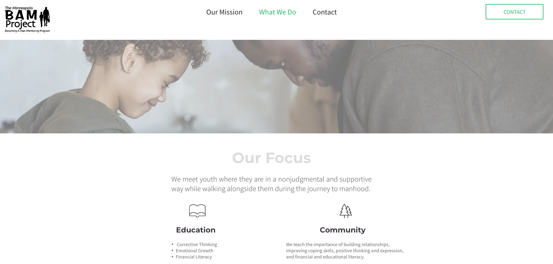A website homepage featuring a blurred photo of a father and child, with text and icons about the organization's focus.