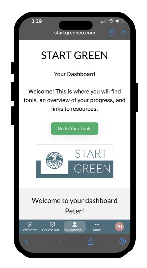 Smartphone screen displaying the Start Green dashboard. Green button and logo. Welcome message for Peter.
